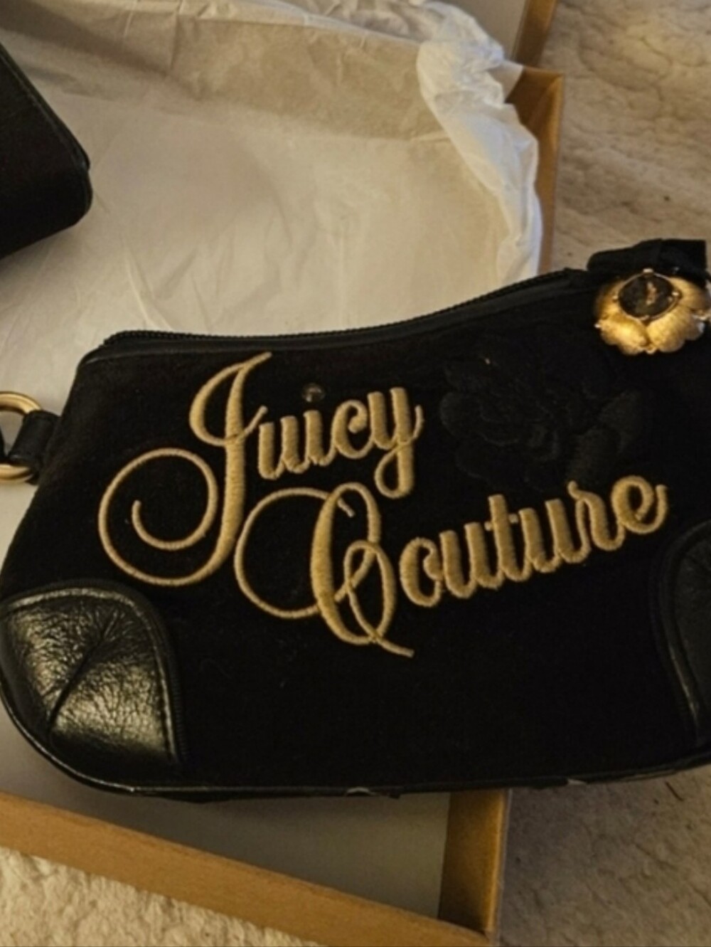 Juicy Couture Y2 Black Velour Wristlet Clutch Gold Embroidered Logo & Charm